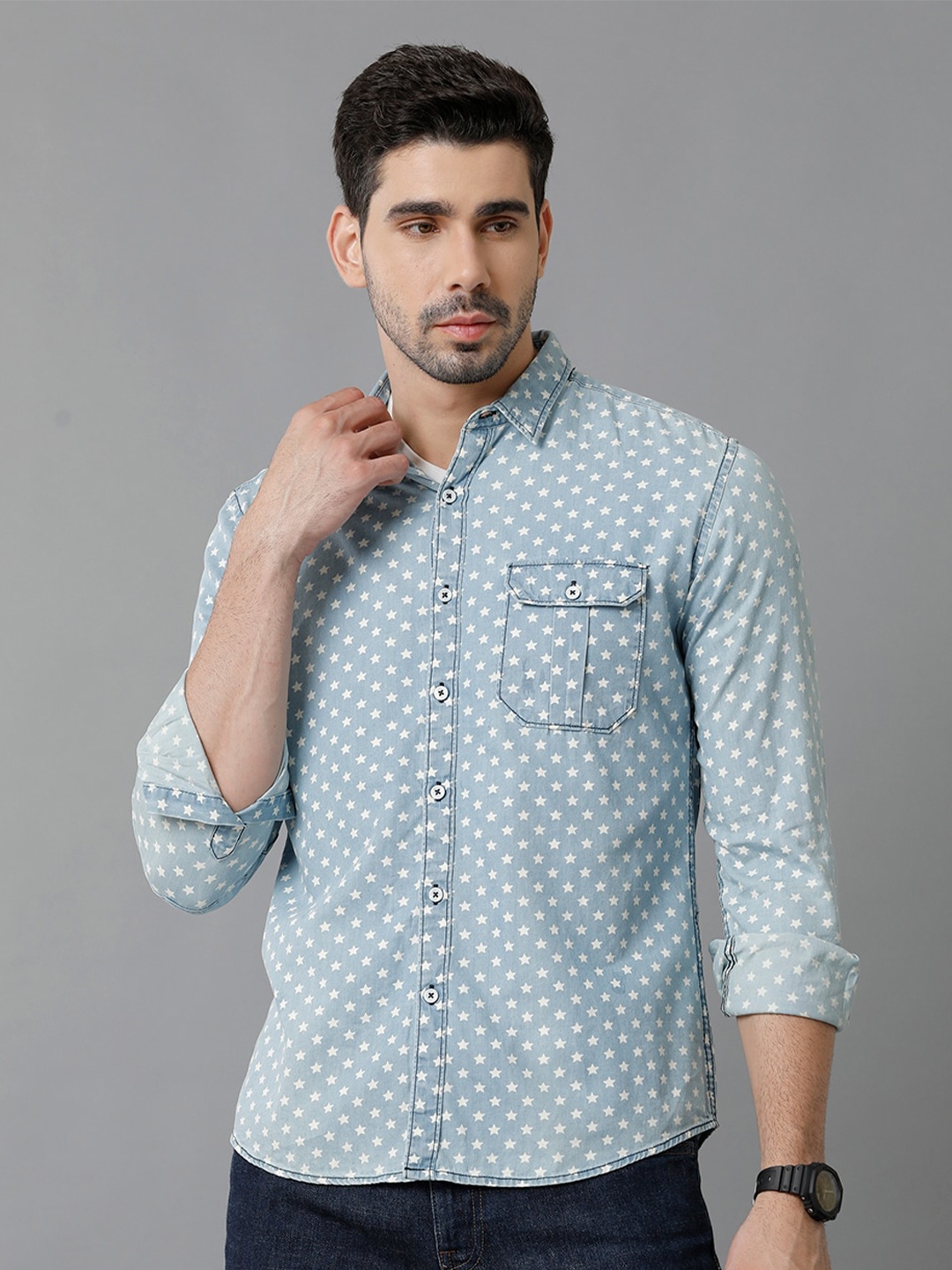 

YOVISH Conversational Printed Comfort Denim Casual Shirt, Blue