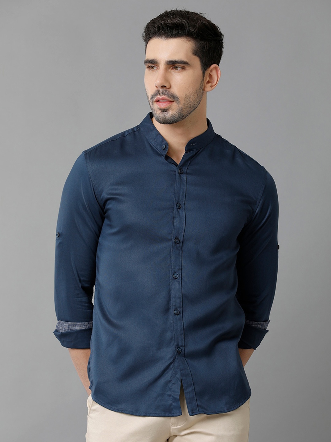 

YOVISH Comfort Mandarin Collar Cotton Casual Shirt, Blue