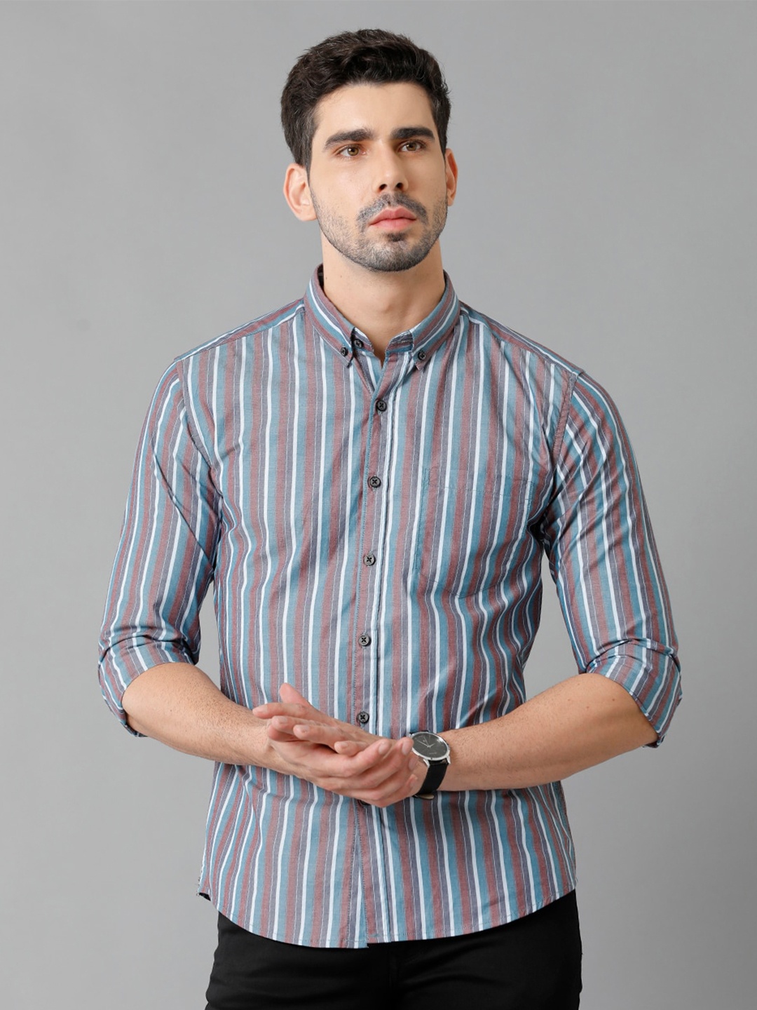 

YOVISH Comfort Vertical Striped Button-Down Collar Cotton Casual Shirt, Blue