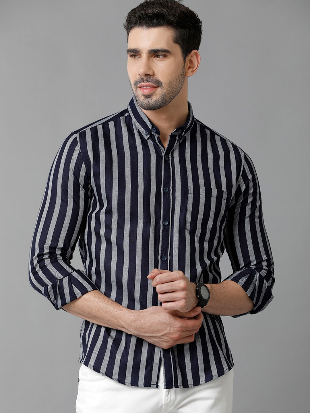 

YOVISH Comfort Vertical Striped Button-Down Collar Cotton Casual Shirt, Blue