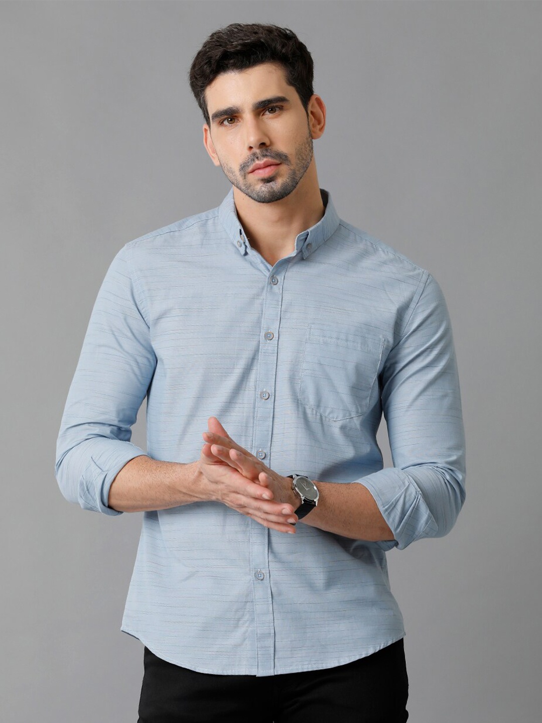 

YOVISH Comfort Horizontal Striped Button-Down Collar Cotton Casual Shirt, Blue