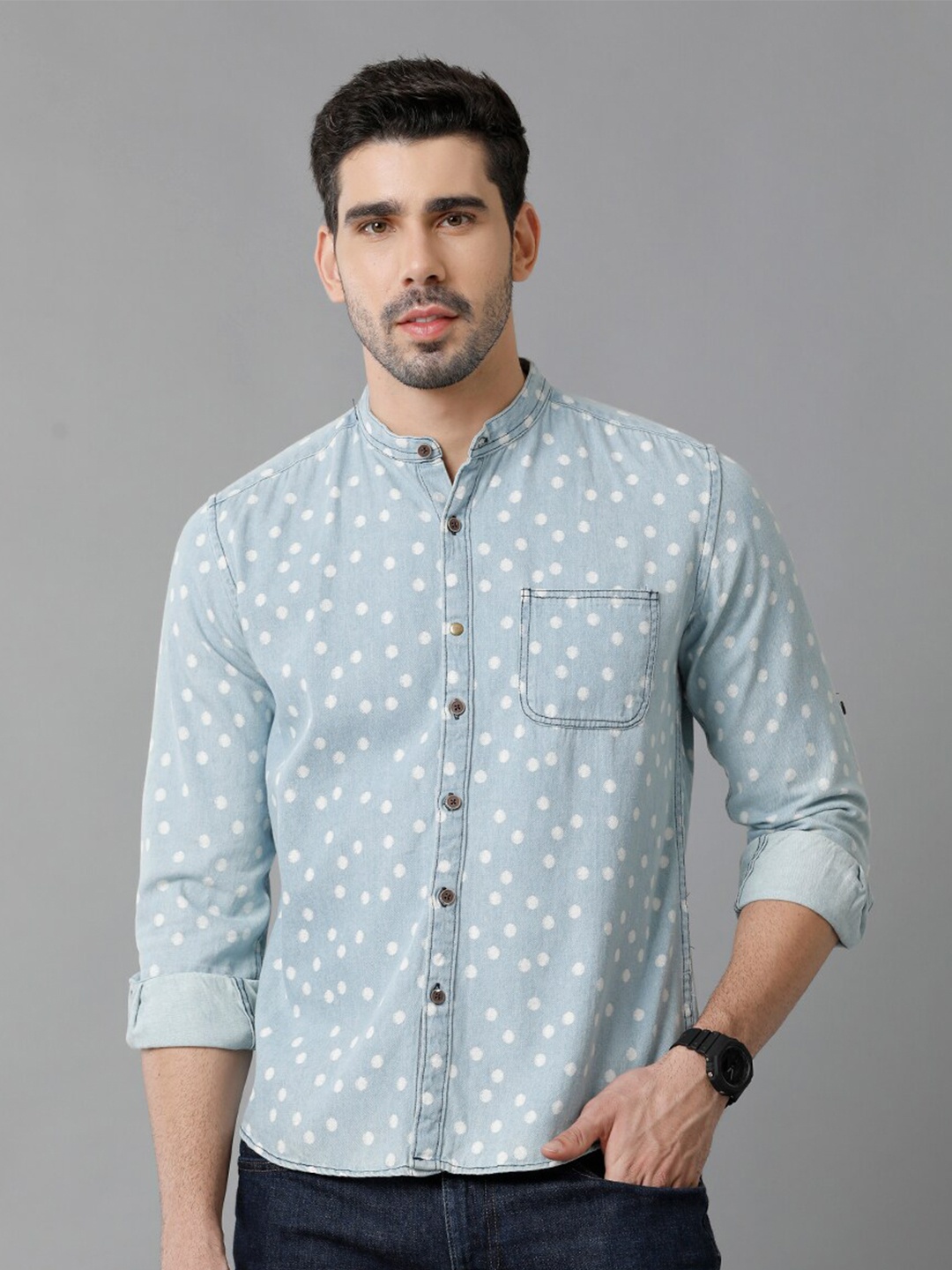 

YOVISH Comfort Polka Dots Printed Mandarin Collar Denim Casual Shirt, Blue