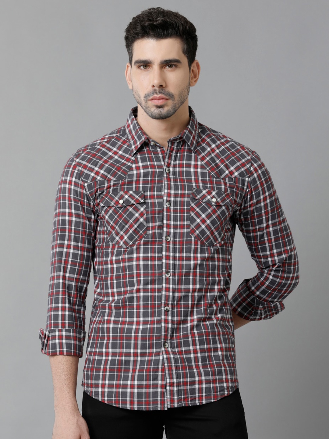 

YOVISH Tartan Checks Comfort Cotton Casual Shirt, Grey