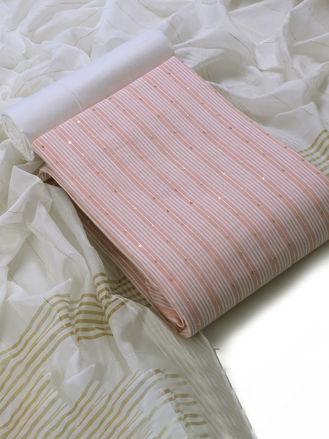 

Sun Fashion And Lifestyle Striped embroidered Sequinned Unstitched Dress Material, Peach