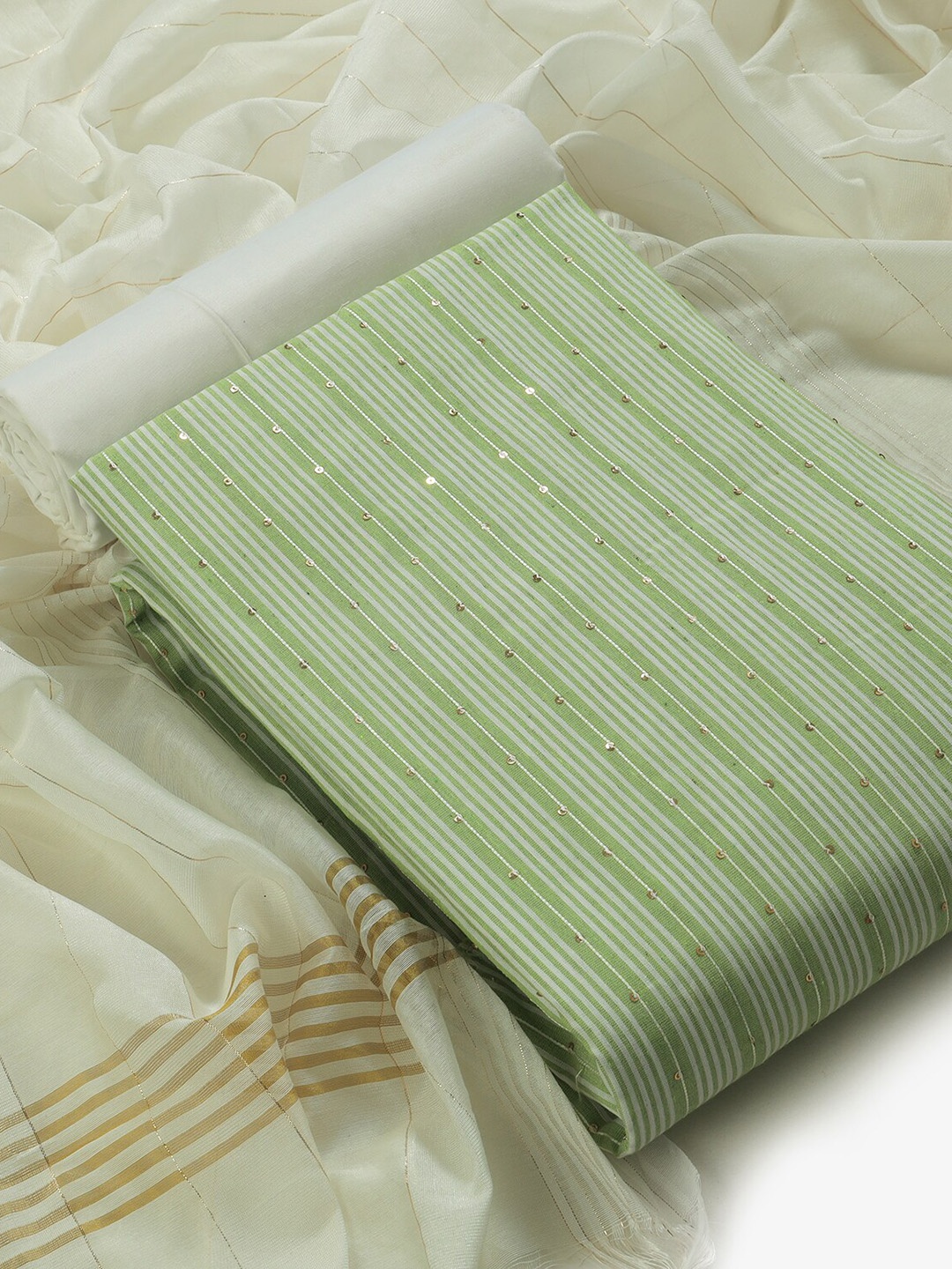 

Sun Fashion And Lifestyle Striped Embroidered Sequinned Unstitched Dress Material, Green