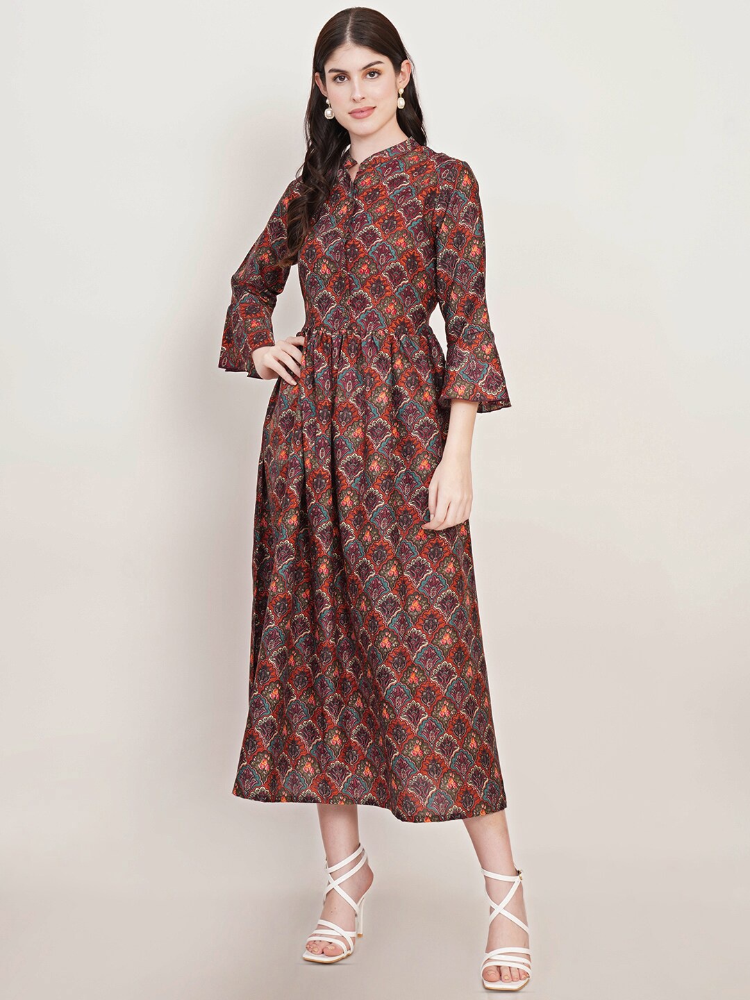 

U&F Floral Print Bell Sleeve Crepe Fit & Flare Midi Dress, Orange