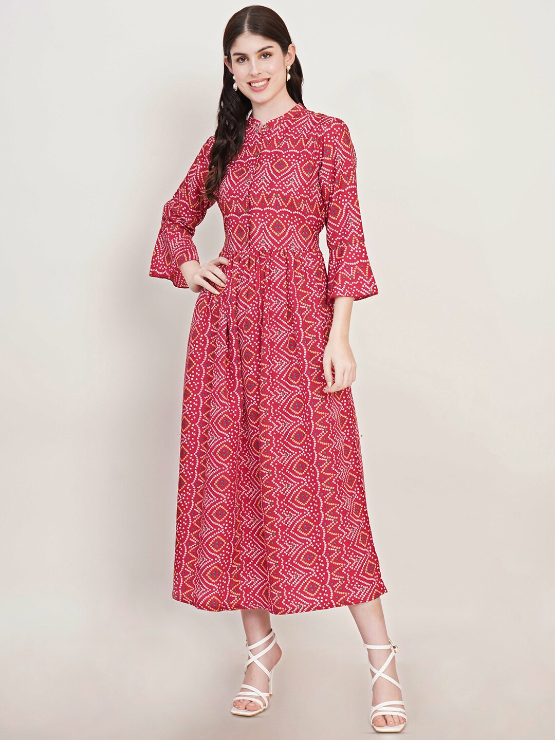 

U&F Geometric Printed Mandarin Collar Bell Sleeve Fit & Flare Maxi Dress, Red