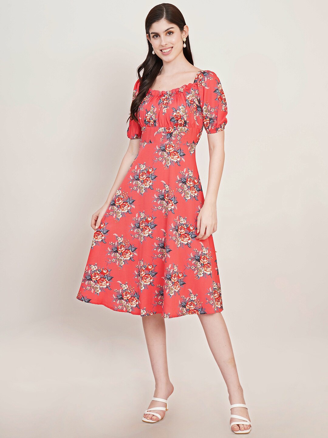 

U&F Floral Printed Square Neck Puff Sleeves Gathered Detail Fit and Flare Midi Dress, Peach