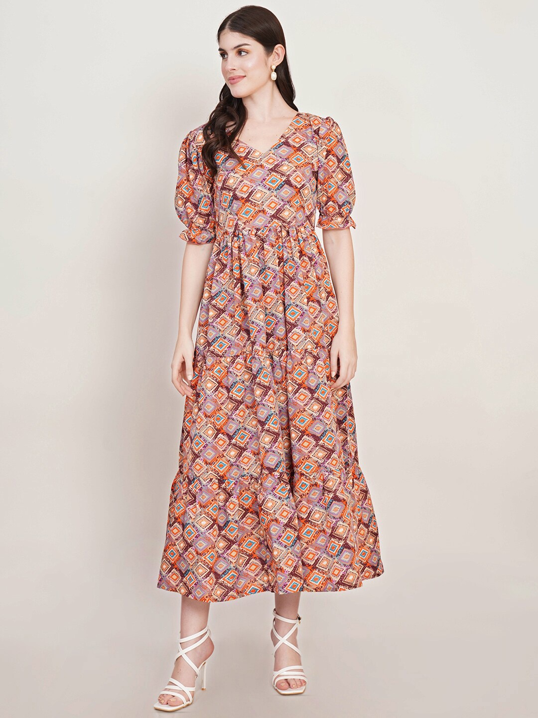 

U&F Orange Geometric Print Puff Sleeve Crepe Fit & Flare Dress