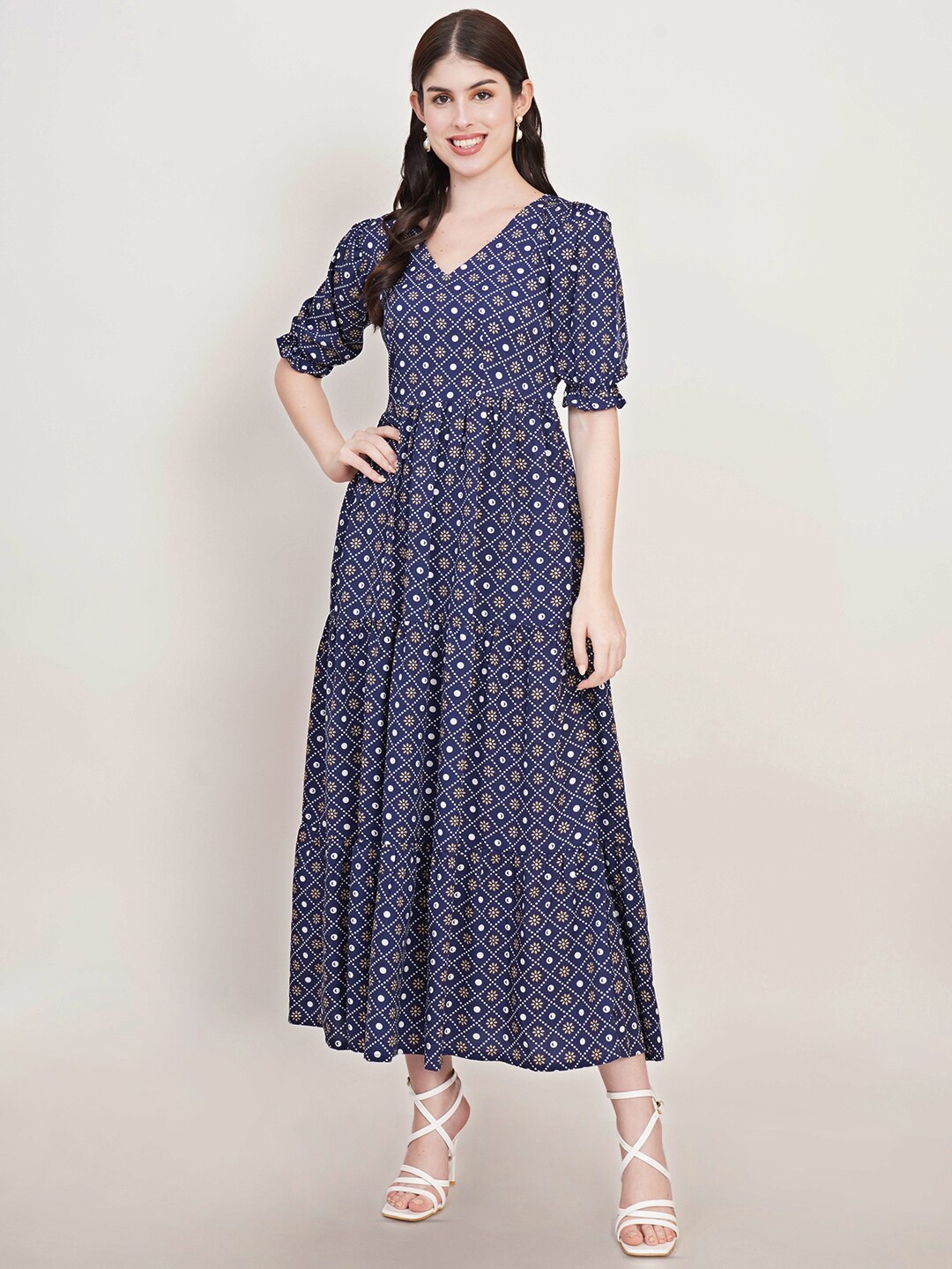 

U&F Navy Blue Ethnic Motifs Printed Puff Sleeve Crepe Fit & Flare Midi Dress