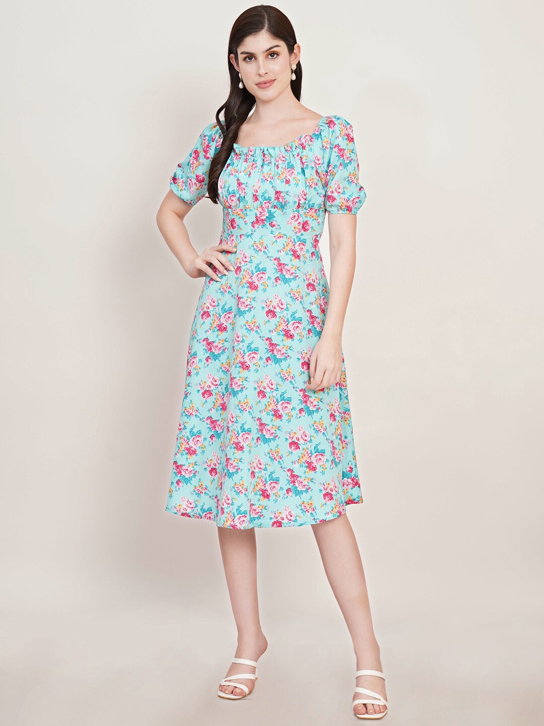 

U&F Floral Print Puff Sleeve Crepe Fit & Flare Midi Dress, Blue