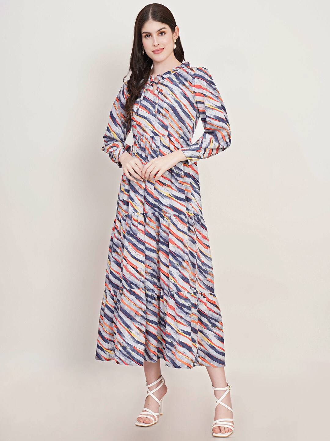 

U&F Grey Abstract Printed Crepe Tiered Fit & Flare Midi Dress, Blue