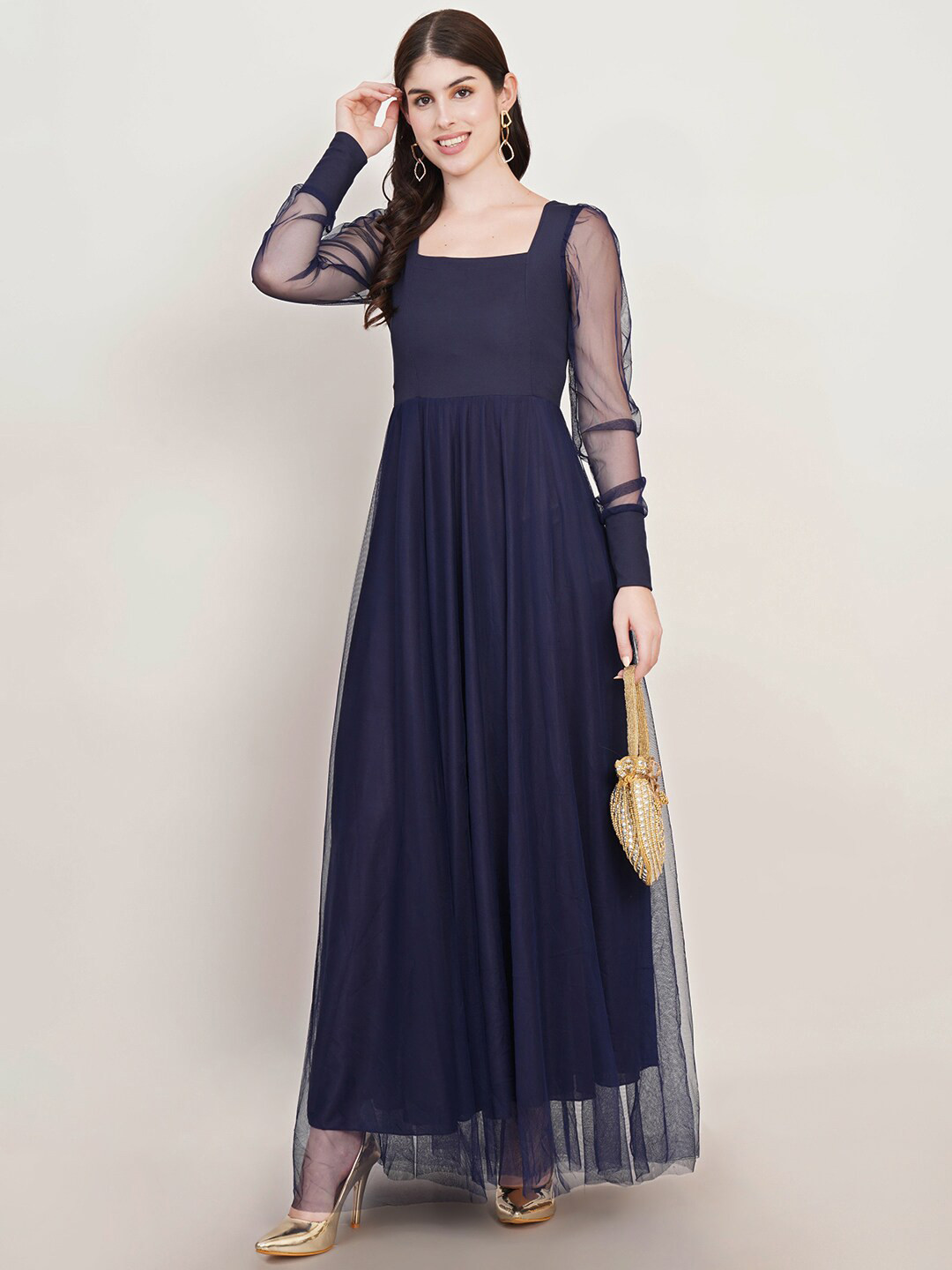 

U&F Square Neck Cuffed Sleeves Net Maxi Dress, Navy blue