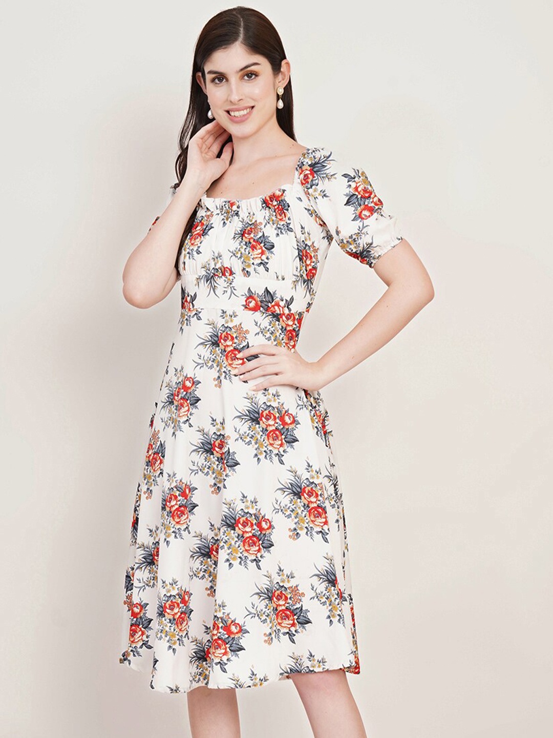 

U&F Floral Printed Fit & Flare Dress, Off white