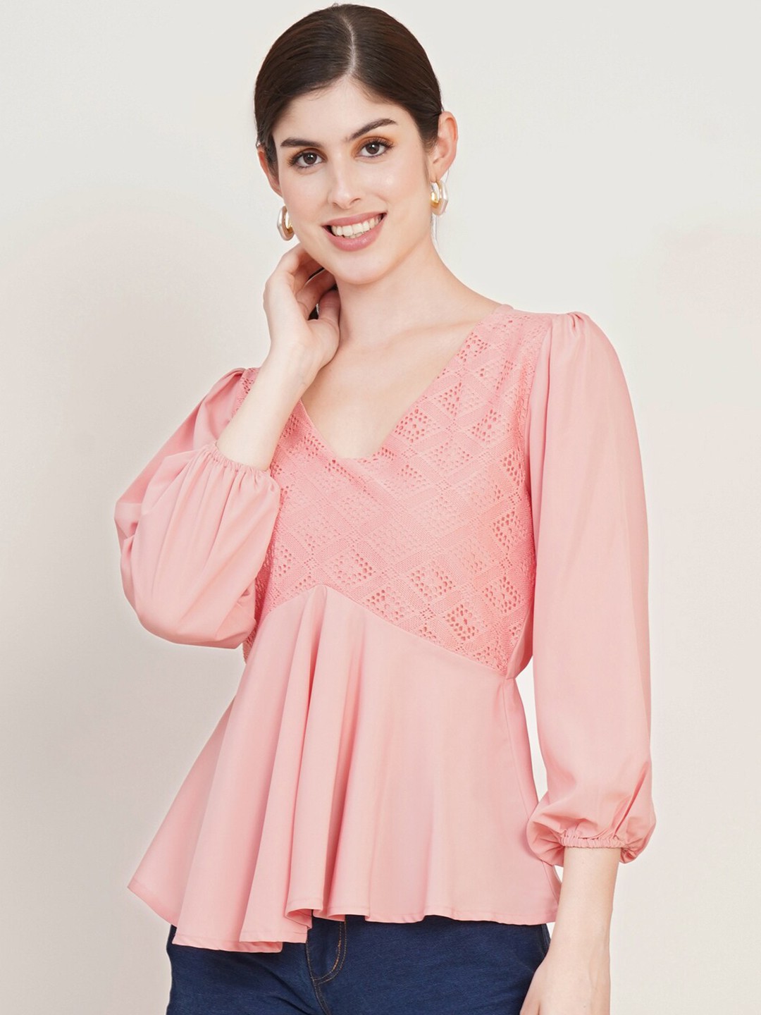 

U&F Pink Self Design Puffed Sleeves Empire Top