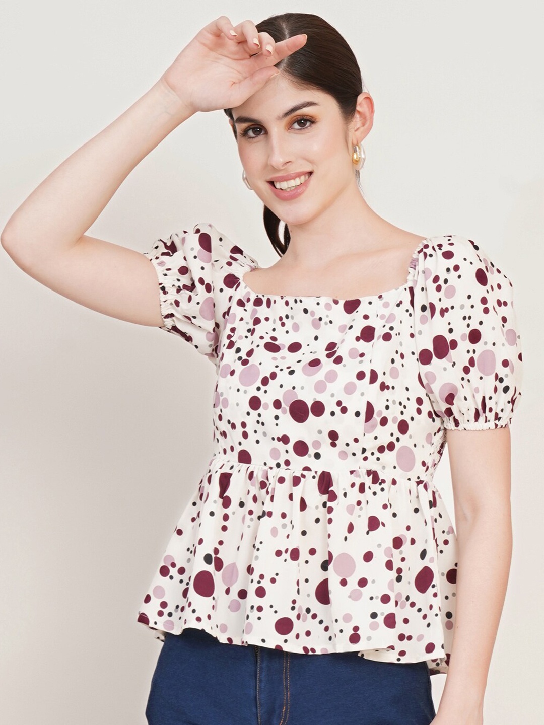 

U&F White Floral Printed Square Neck Puffed Sleeves Smocked Peplum Top