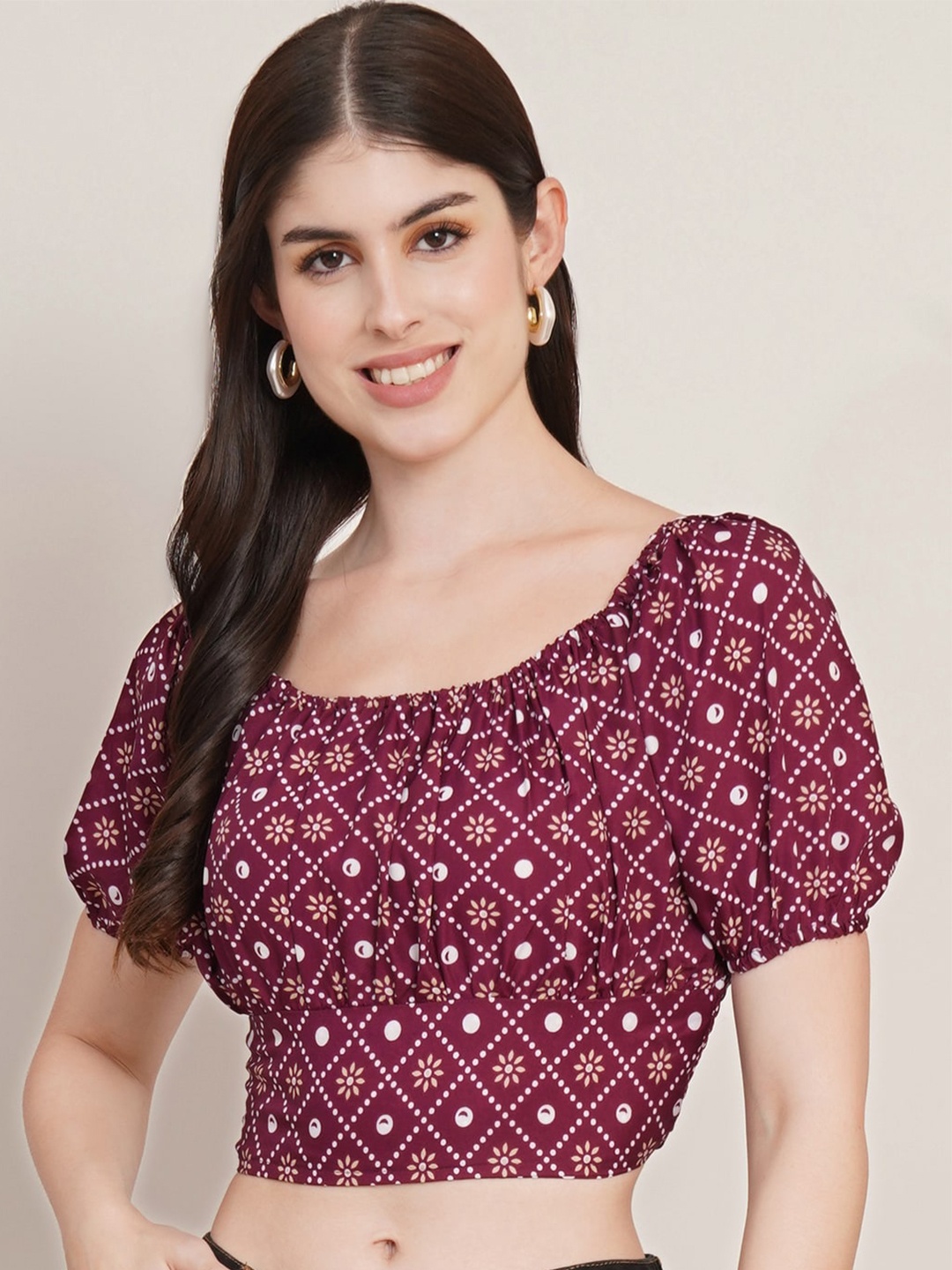 

U&F Burgundy Ethnic Printed Scoop Neck Puff Sleeves Gathered Casual Crop Top