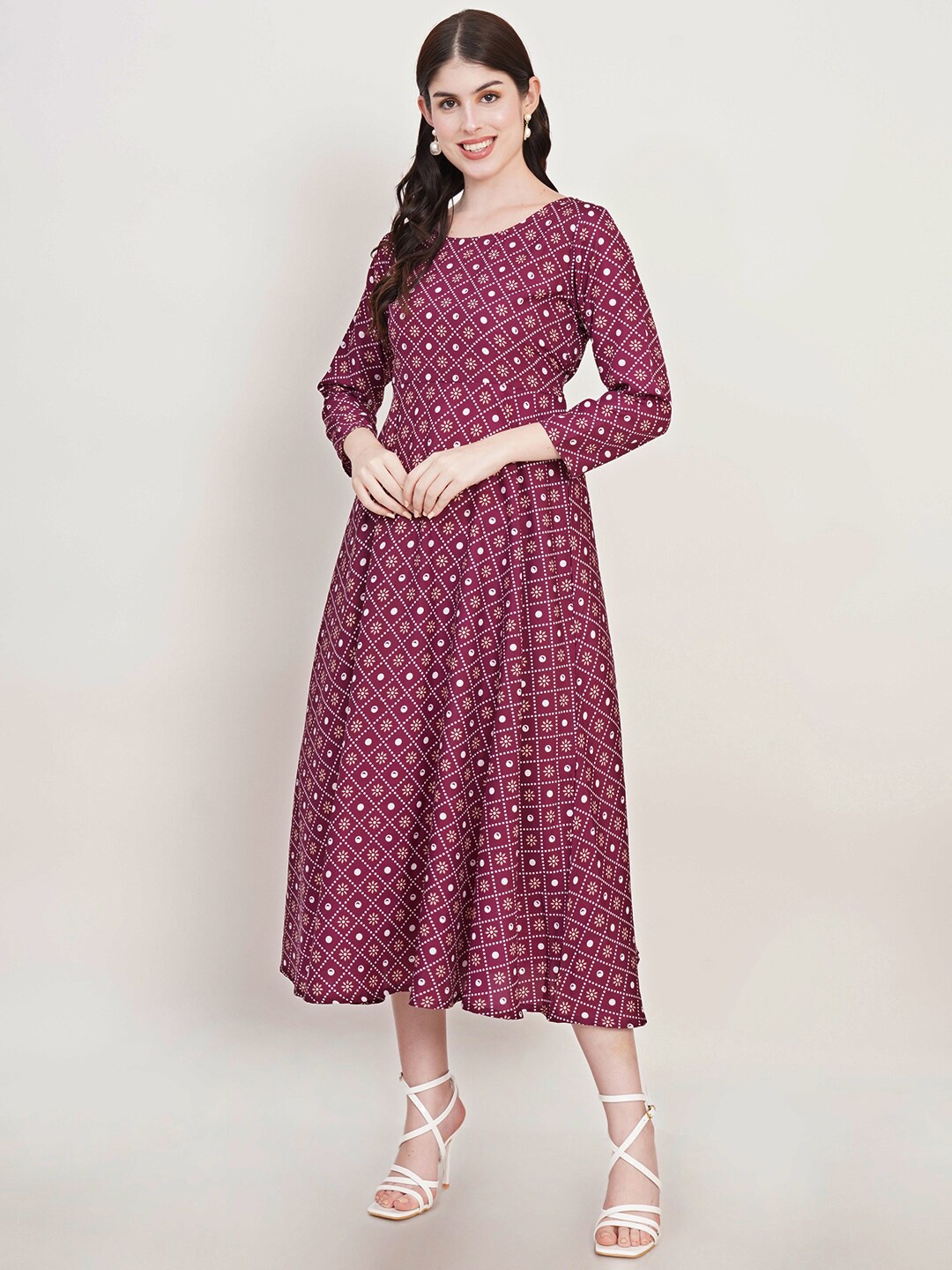 

U&F Burgundy Floral Print Crepe Fit & Flare Midi Dress