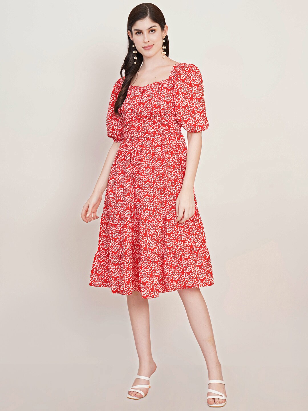 

U&F Floral Printed Square Neck Puff Sleeves Fit and Flare Midi Dress, Red