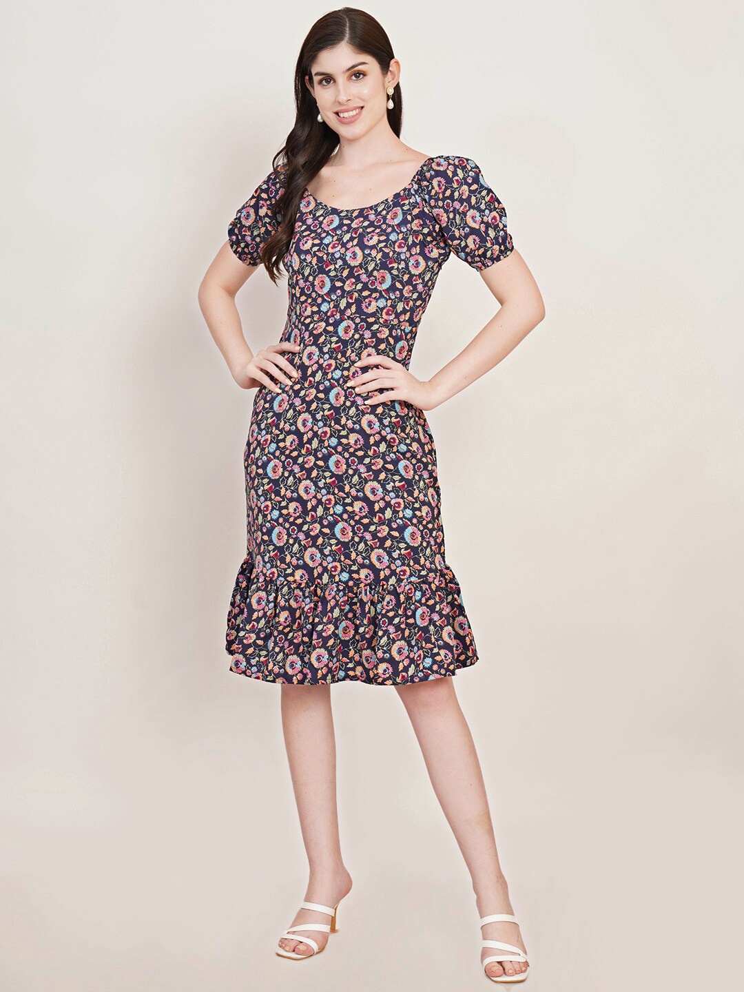 

U&F Floral Print Puff Sleeve Crepe Fit & Flare Dress, Navy blue