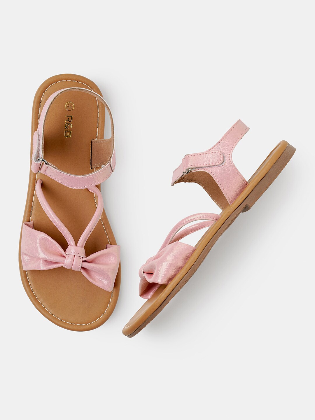 

R&B Girls Bow Knotted Open Toe Flats With Velcro Closure, Pink