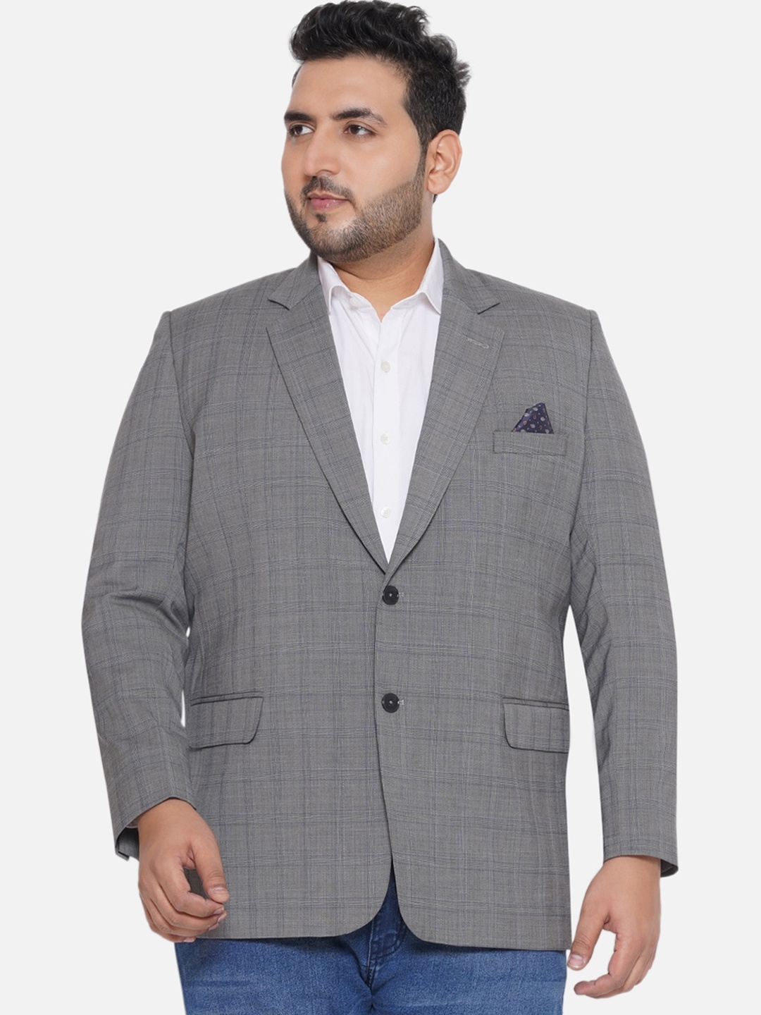 Santonio Plus Size Checked Single Breasted Blazer, Grey