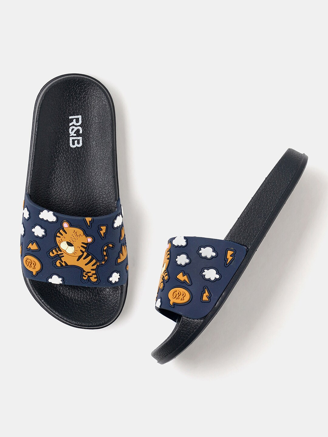 R&B Boys Printed Sliders, Navy blue