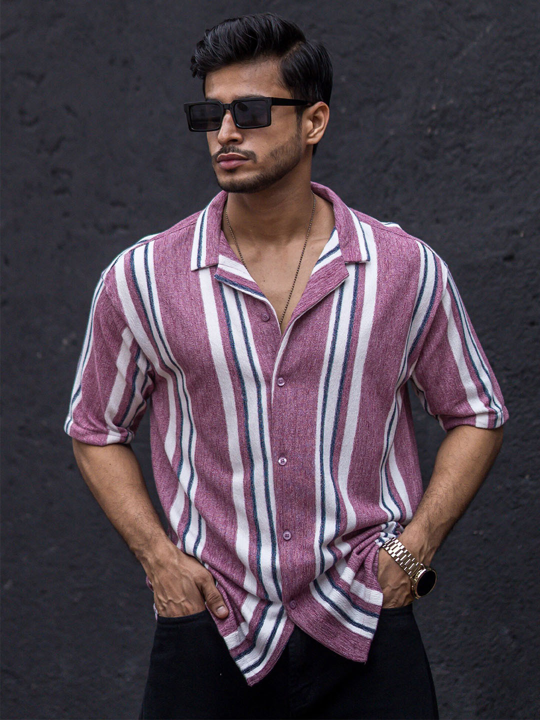 

Maniac Classic Vertical Stripes Cotton Oversized Shirt, Pink