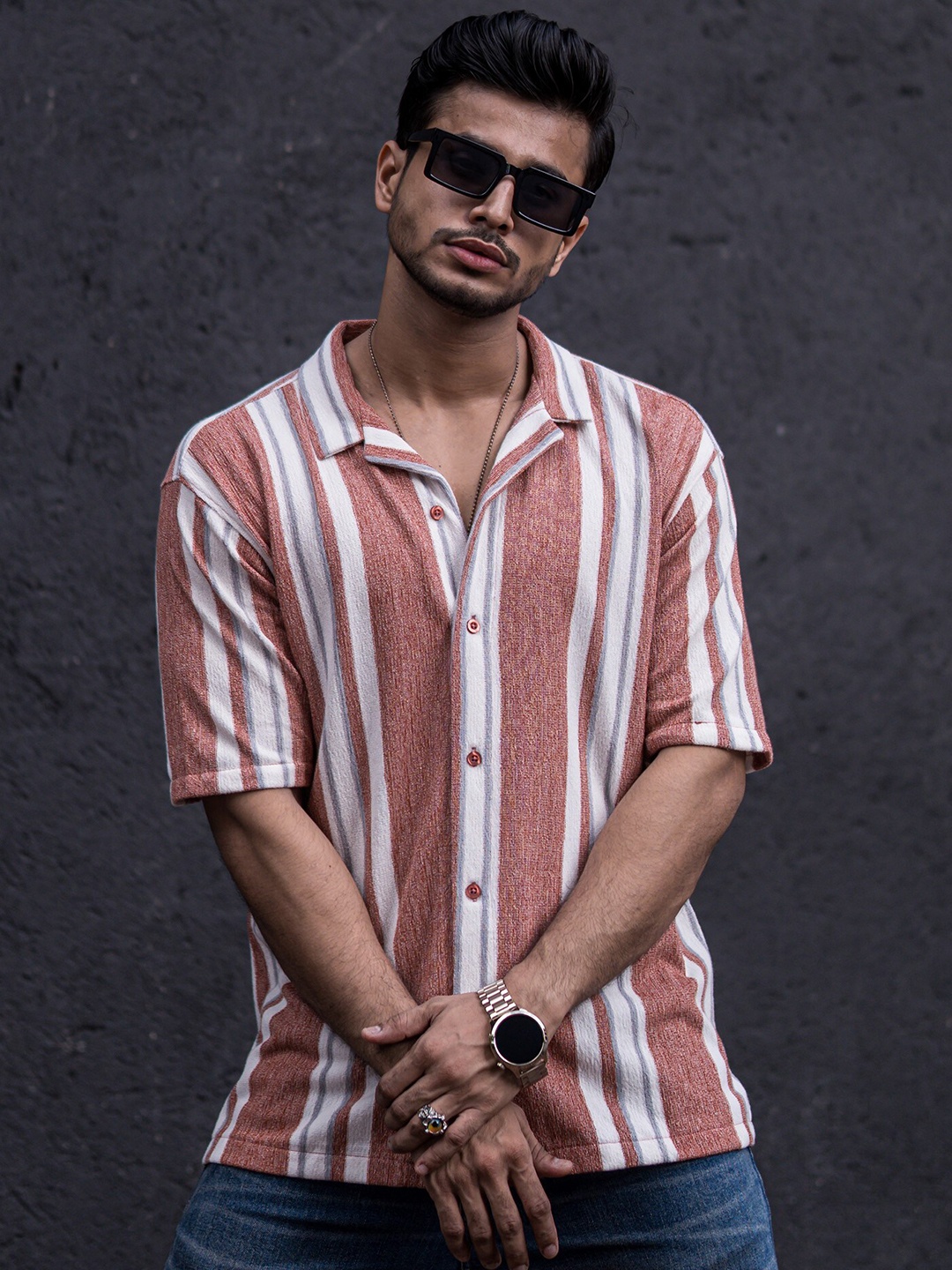 

Maniac Classic Vertical Stripes Cotton Oversized Shirt, Orange