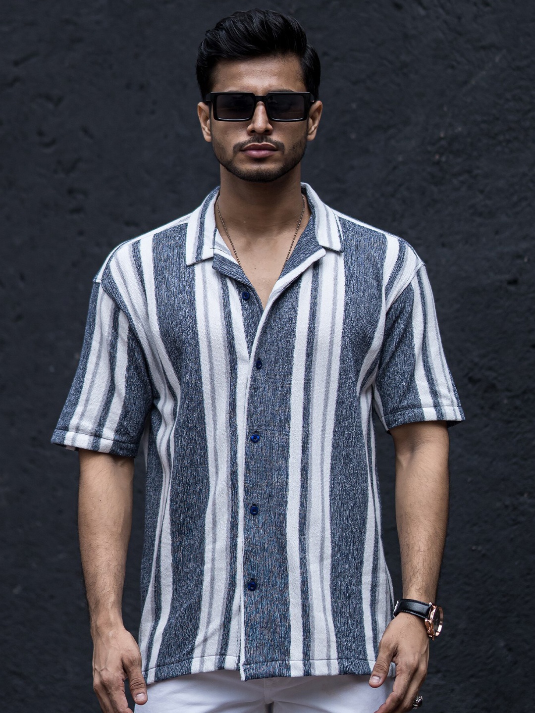 

Maniac Classic Vertical Stripes Cotton Oversized Shirt, Grey