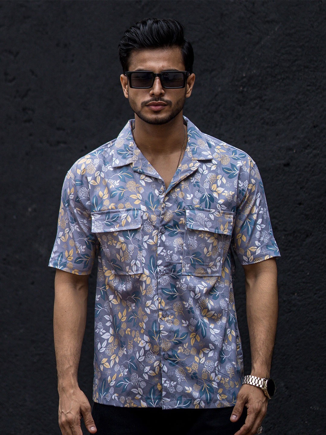 

Maniac Classic Floral Printed Cuban Collar Pocket Cotton Casual Shirt, Grey