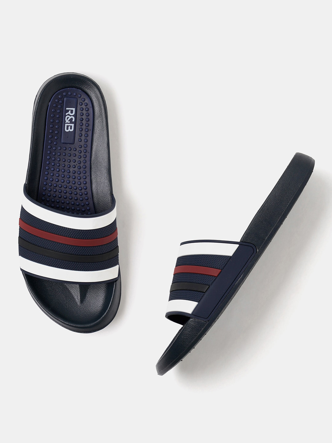 

R&B Men Striped Rubber Sliders, Navy blue