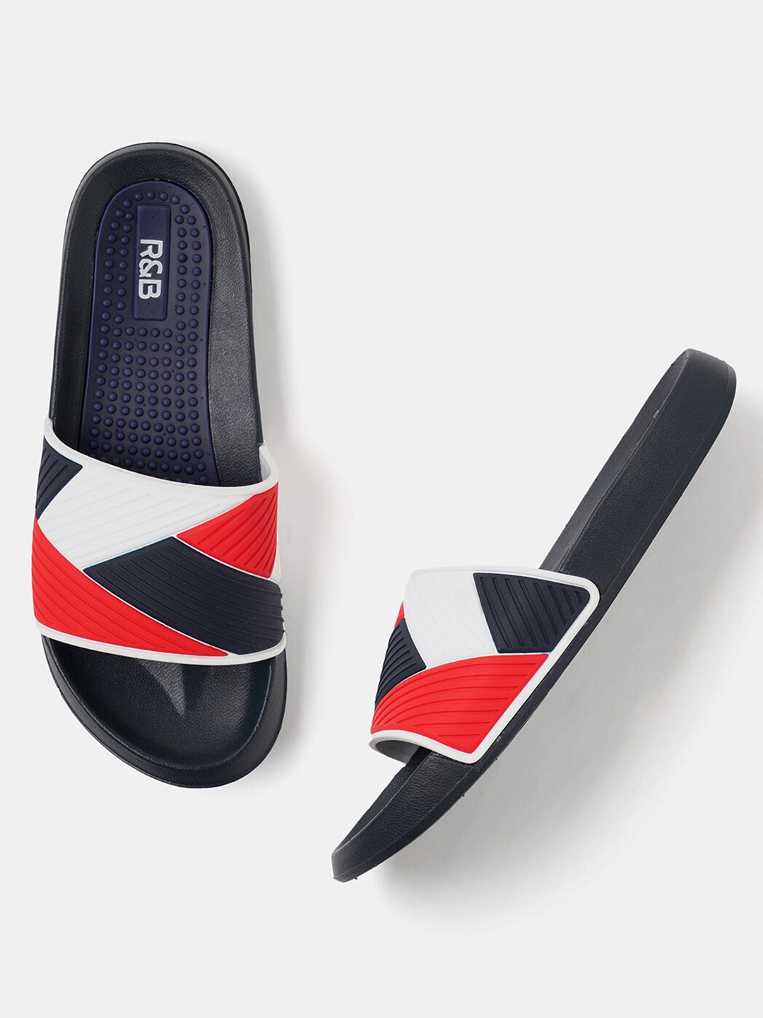 

R&B Men Colourblocked Rubber Sliders, Navy blue