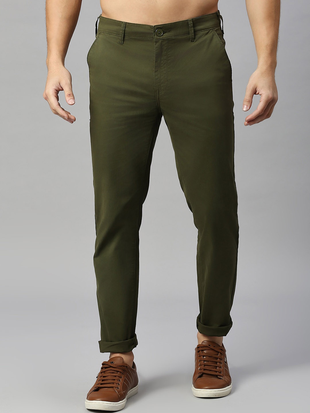 

Mast & Harbour Men Mid-Rise Slim Fit Chinos Trousers, Green