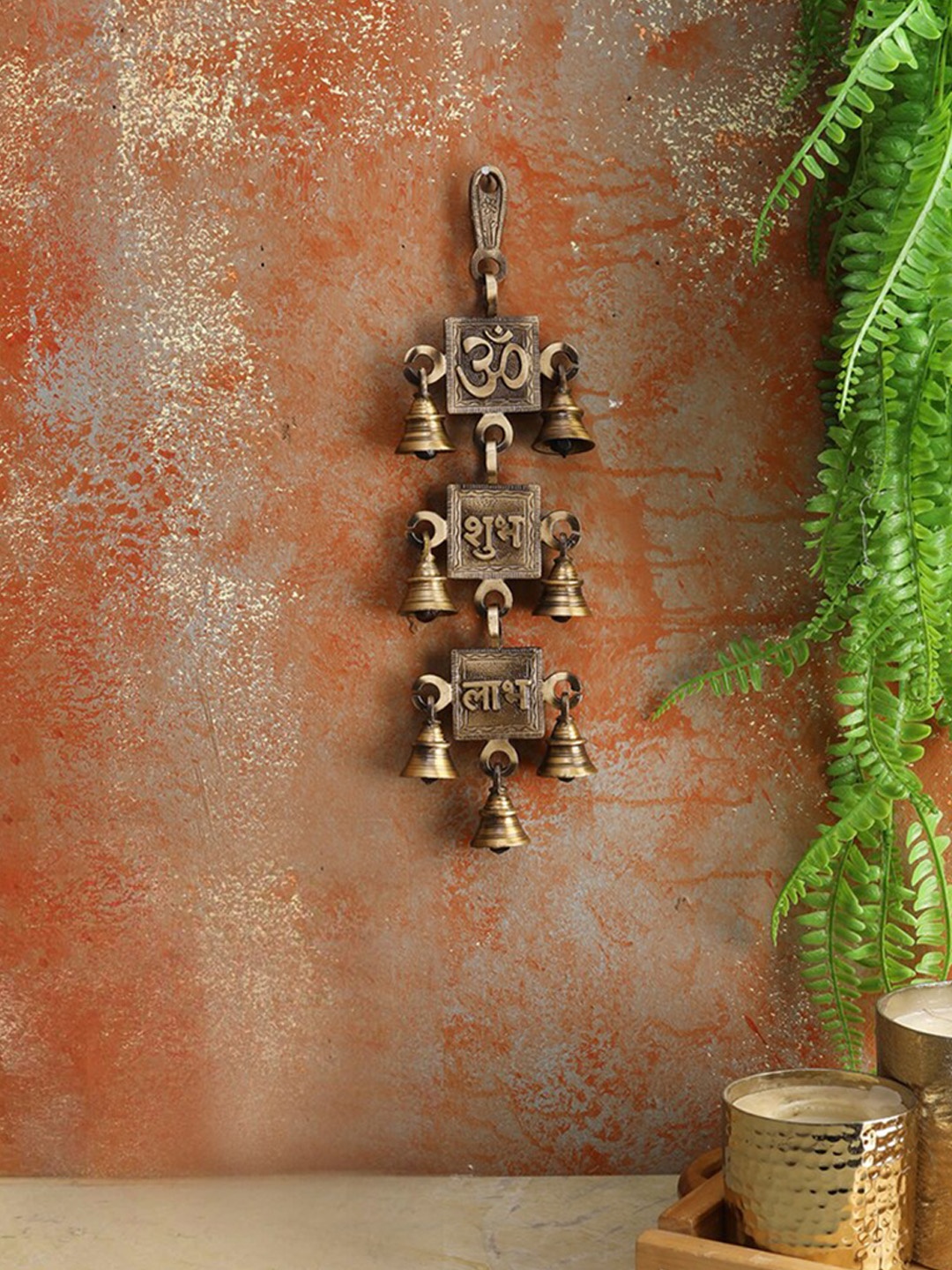 Two Moustaches Brown Om Shubh Labh Design Brass Hanging Bells