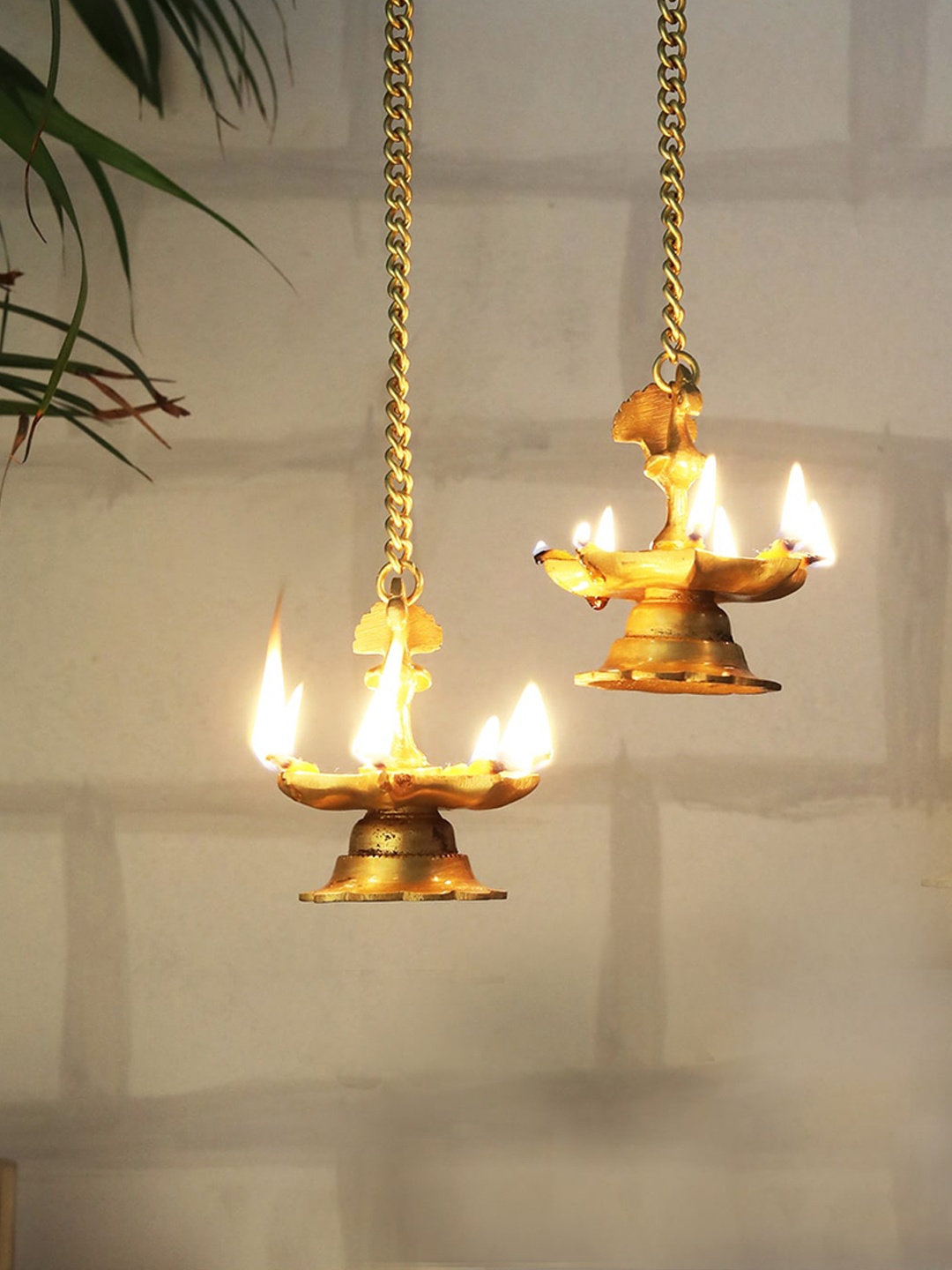 Two Moustaches Peacock Design Wall Hanging with Diya, Gold