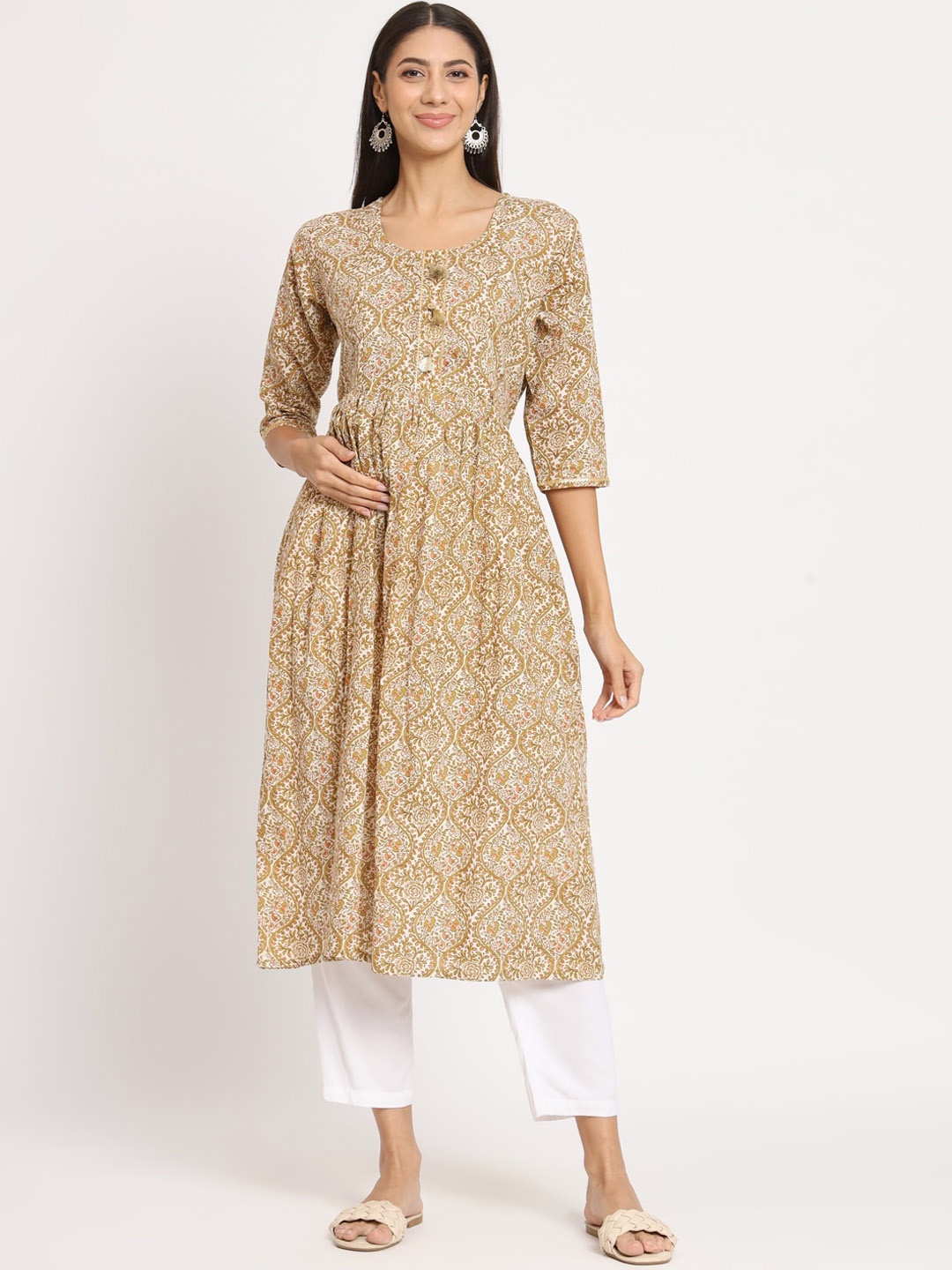 

Aujjessa Ethnic Motifs Printed Round Neck Pure Cotton Maternity Anarkali Kurta, Cream