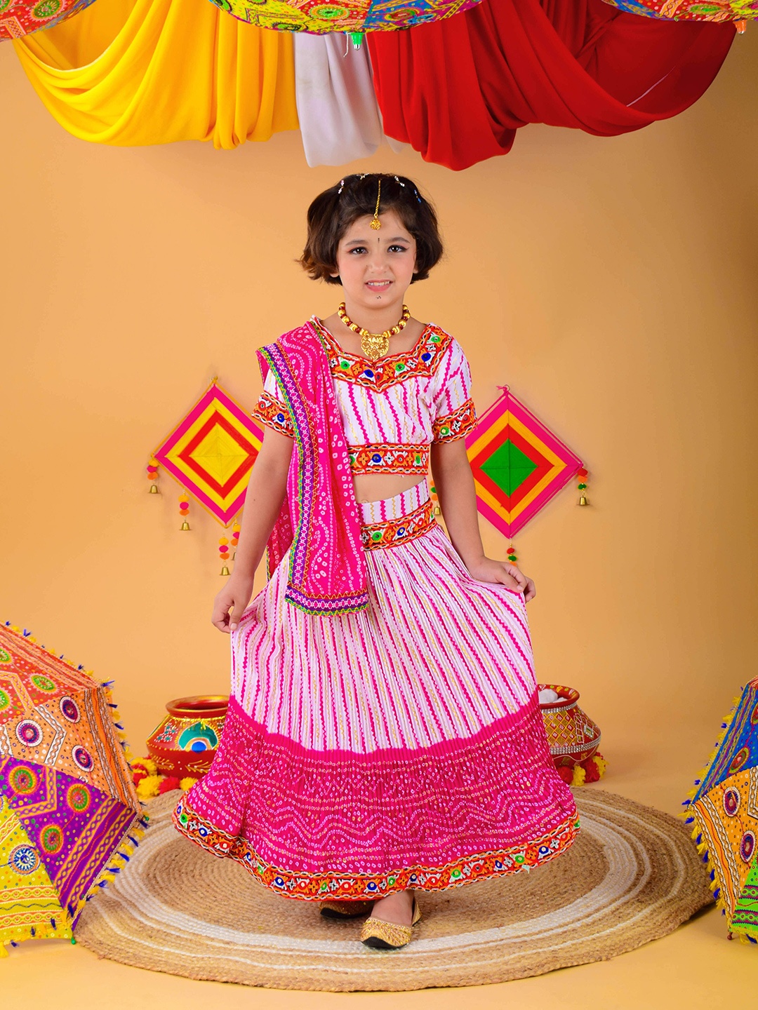 ahhaaaa Girls Embroidered Mirror Work Ready to Wear Cotton Lehenga Choli With Dupatta, Pink