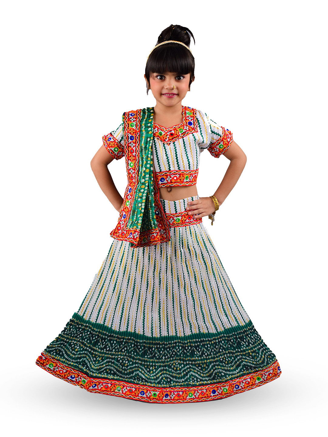 

ahhaaaa Girls Embroidered Thread Work Ready to Wear Cotton Lehenga Choli With Dupatta, Green