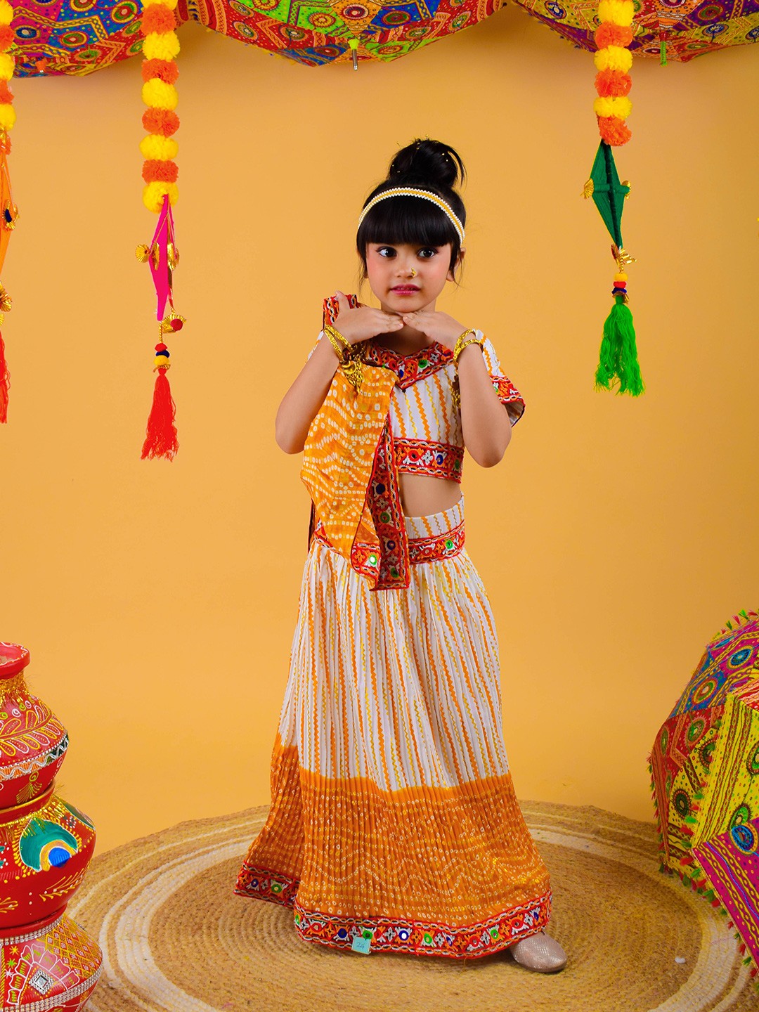 ahhaaaa Girls Ethnic Motifs Embroidered Ready to Wear Cotton Lehenga & Blouse With Dupatta, Yellow