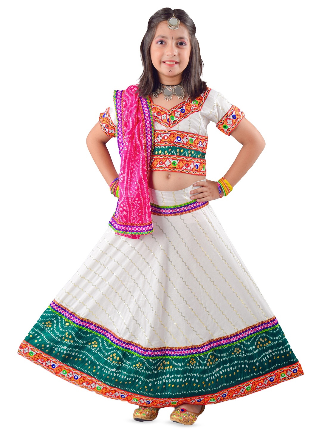 

ahhaaaa Girls Ethnic Motifs Embroidered Ready to Wear Cotton Lehenga & Blouse With Dupatta, Green