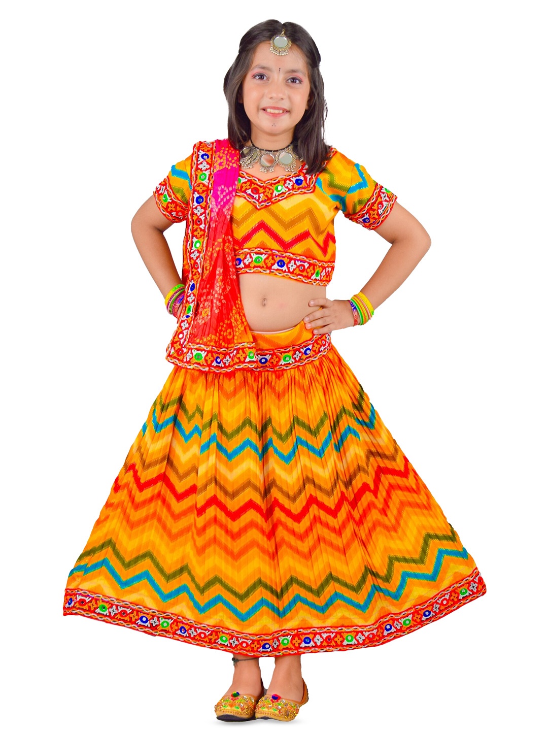 

ahhaaaa Girls Printed Thread Work Ready to Wear Cotton Lehenga Choli With Dupatta, Yellow