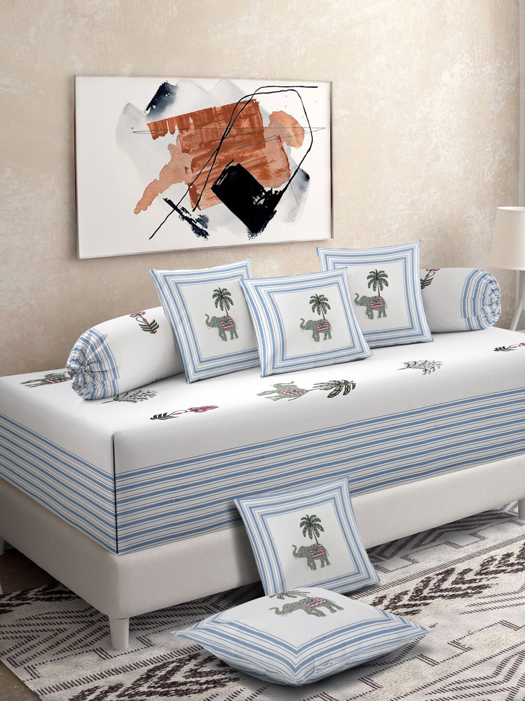 

Rajasthan Decor 8 Pcs White & Blue Printed Cotton Diwan Set
