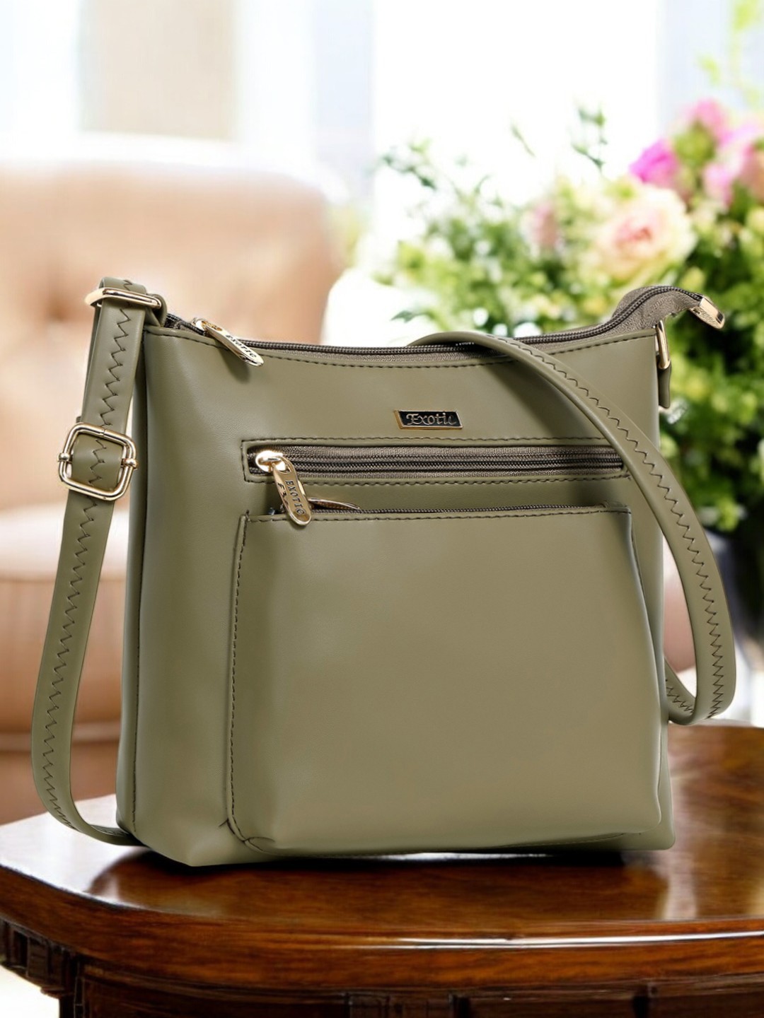 

Exotic Structured Sling Bag, Olive