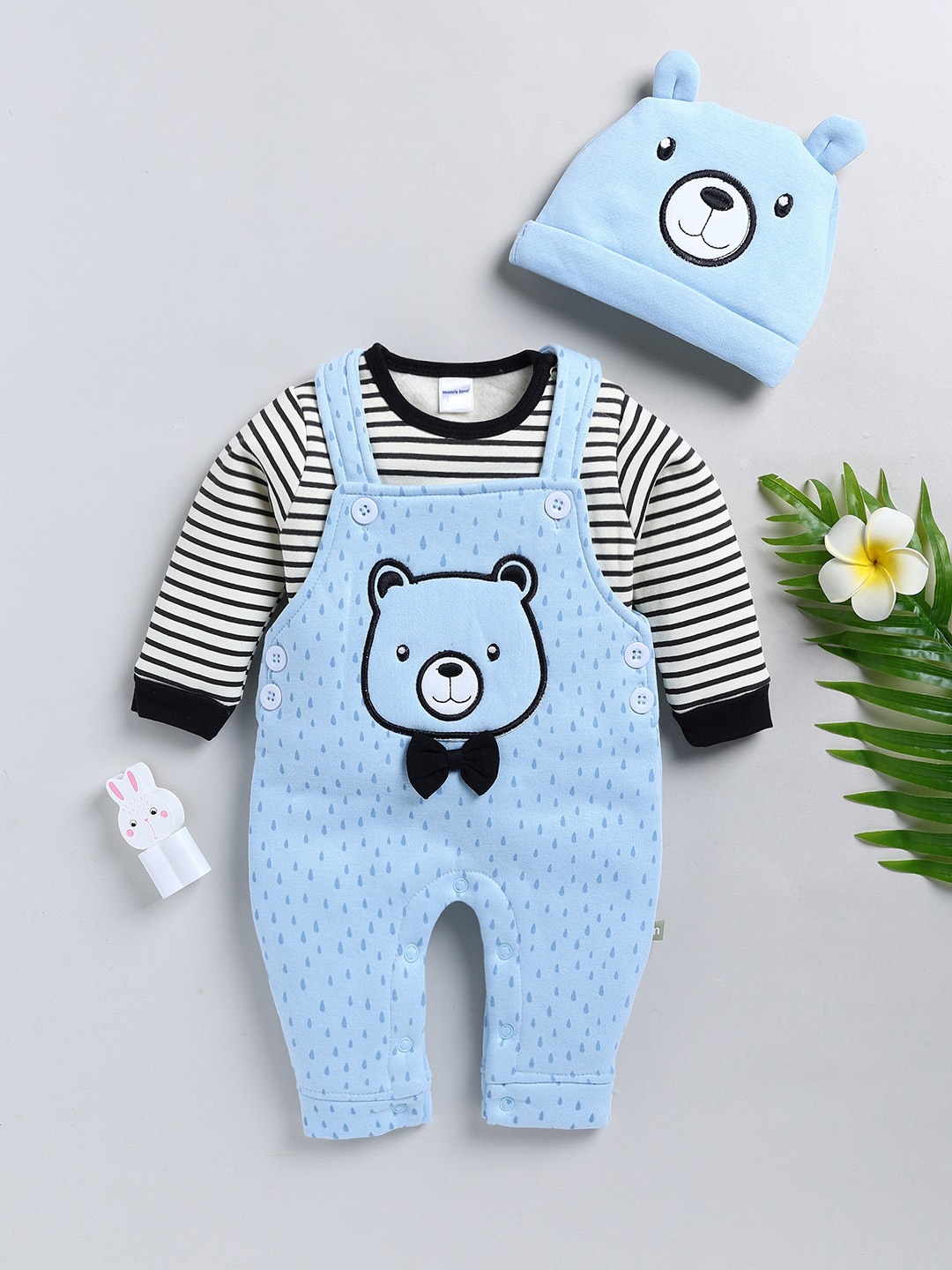 

Moms Love Infant Boys Printed Dungaree With Striped T-Shirt & Cap, Blue