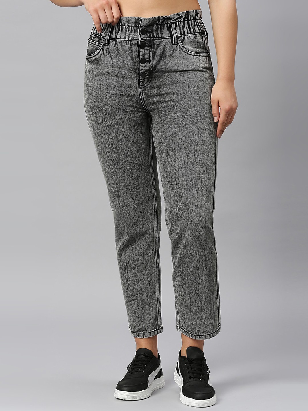 

Chemistry Women Straight Fit High-Rise Heavy Fade Clean Look Cotton Cropped Jeans, Grey