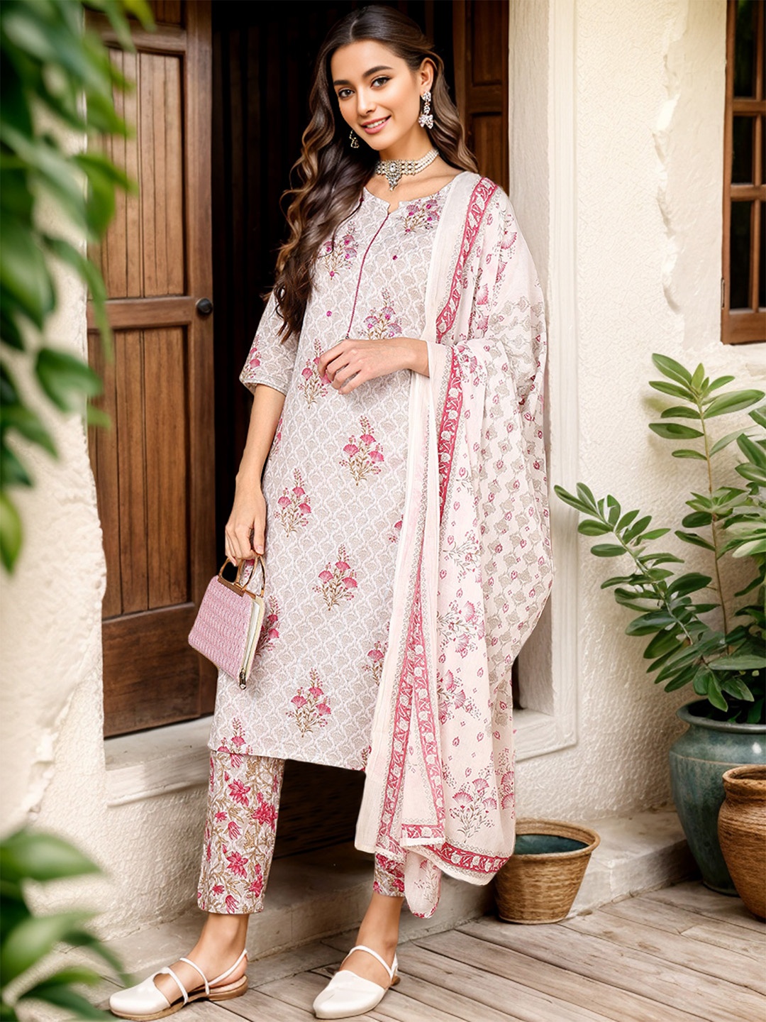 

AHIKA Ethnic Motifs Printed Mirror Work Pure Cotton Straight Kurta with Trousers & Dupatta, Off white