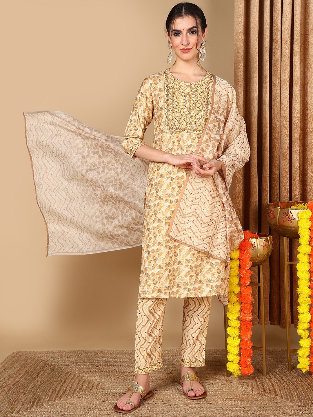 

AHIKA Geometric Printed Thread Work Pure Cotton Straight Kurta with Trousers & Dupatta, Beige
