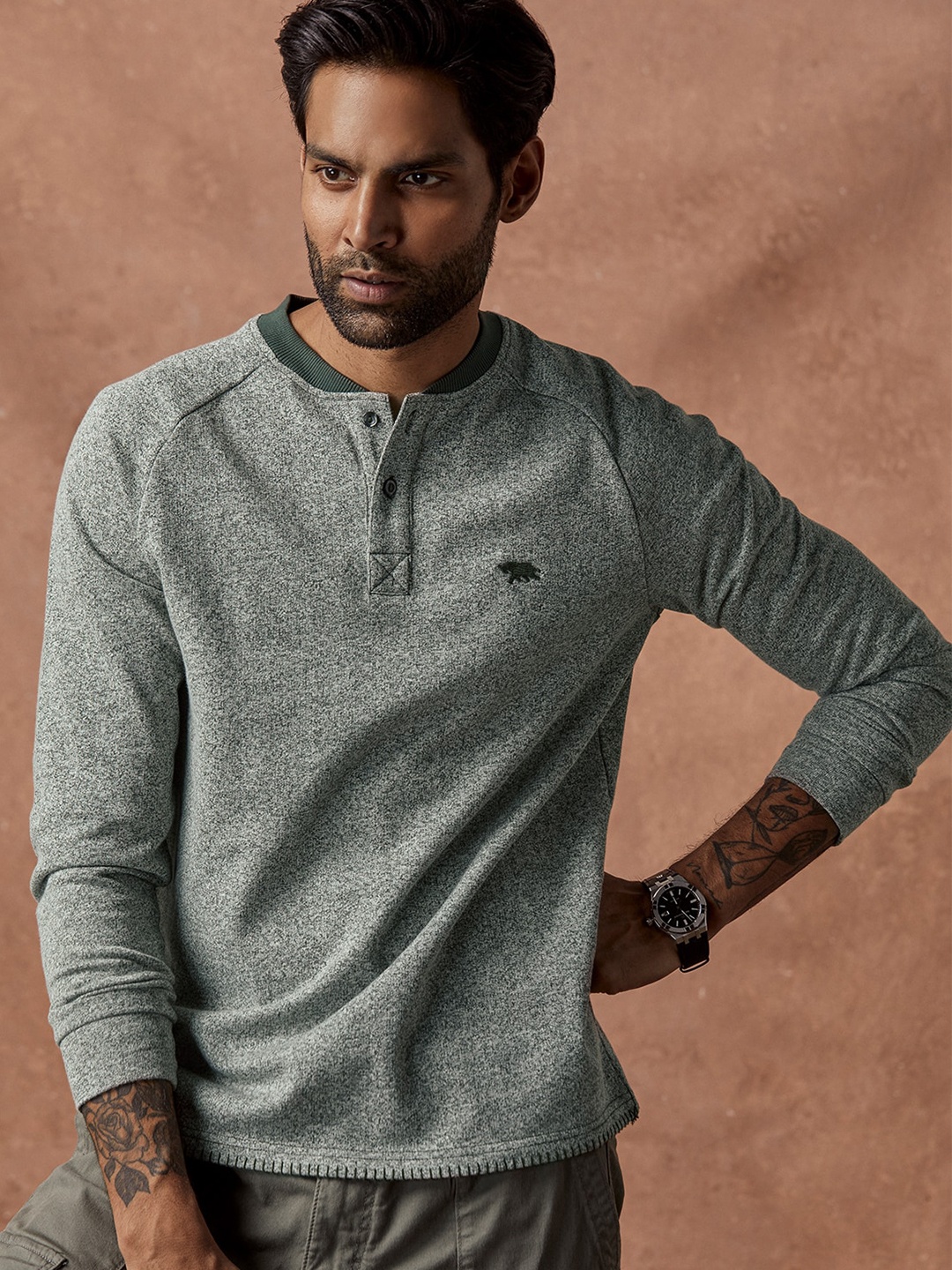 

Andamen Henley Neck Cotton T-shirt, Green