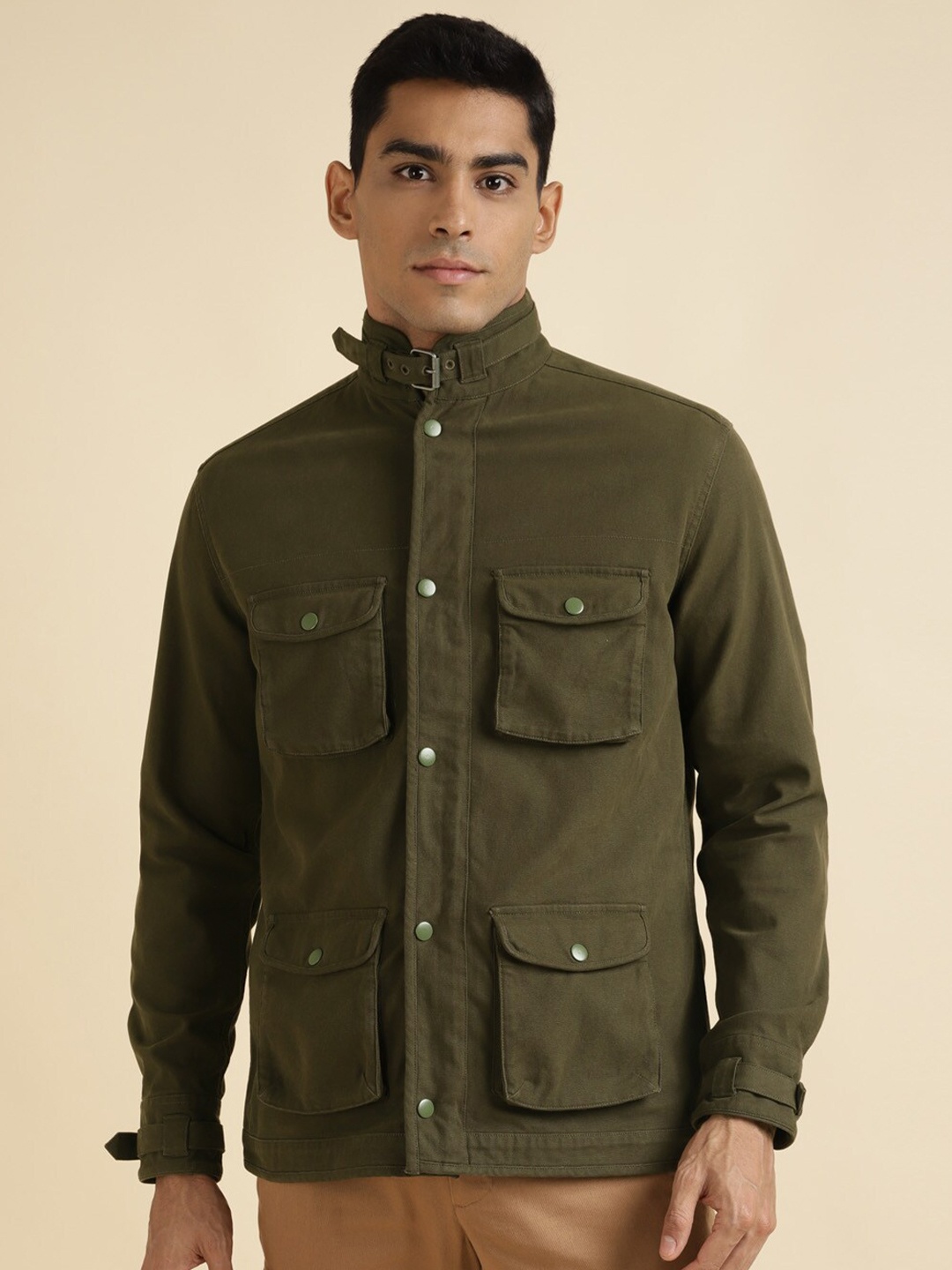 

Andamen Premium Regular Fit Band Collar Long Sleeve Pocket Cotton Shacket, Olive